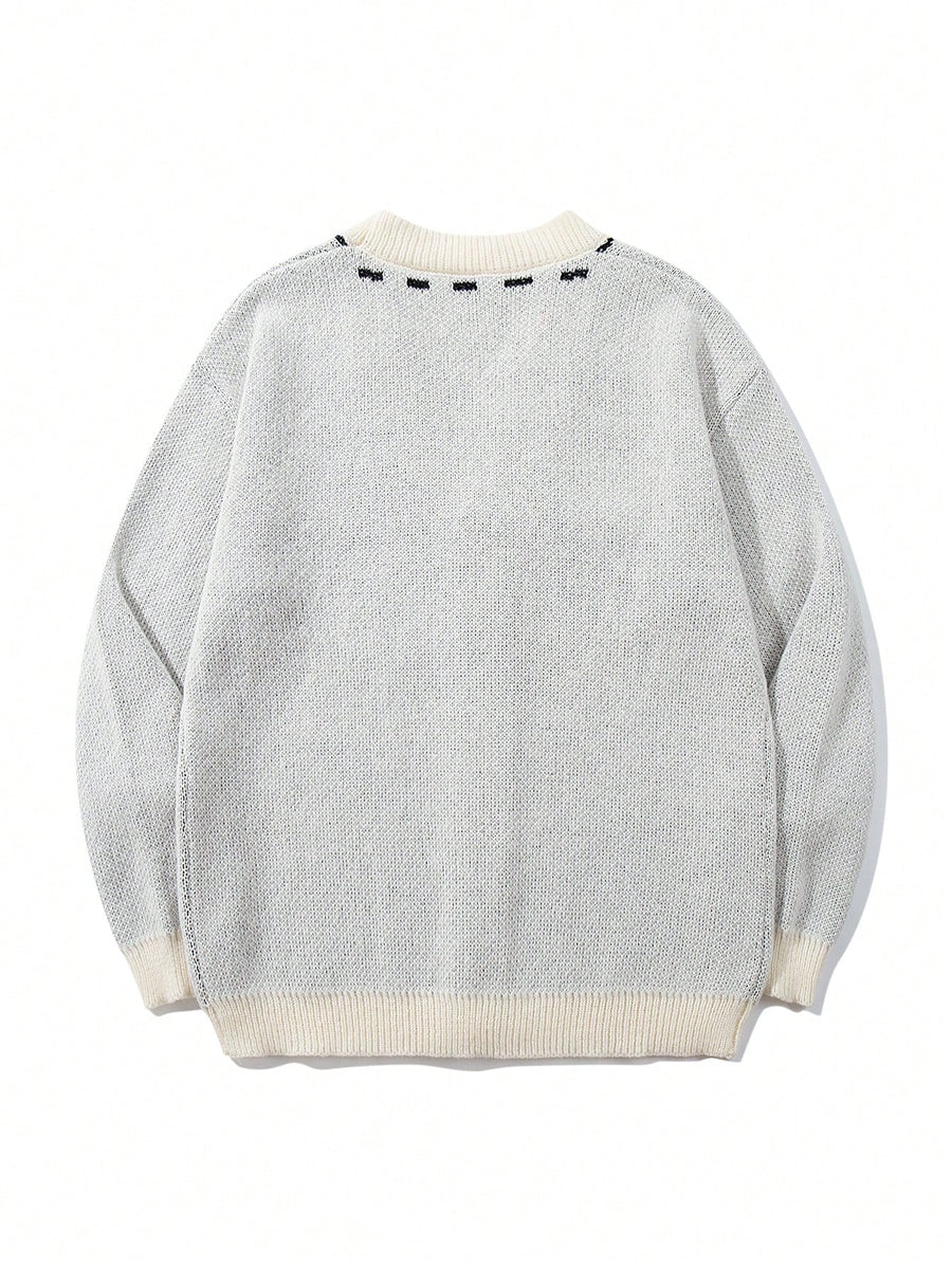 1pc Men's Rhombus Color-Block Cardigan Sweater, Knitted Cardigan Jacket with Playing Card Elements, V-Neck, Fun and Casual, Regular Fit for Autumn/Winter, Daily Outerwear Top for Going Out - Apricot