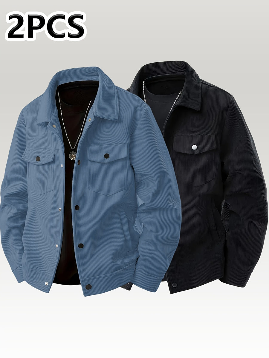 [Pearson OBM] Autumn Winter Men'S Corduroy Solid Color Casual Fashion Multi-Pocket Button-Up Jacket 2pcs Set - Blue+Black