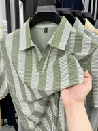 [Sleek Awakening OBM] Spring/Summer New Men'S Polo Shirt, Old Money Style Knit Jacquard Striped Contrast Half-Button Placket Cutaway Collar Short Sleeve T-Shirt for Men, Fashionable And Versatile Pullover Base Layer Top - Light Green