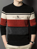 Men'S Winter Striped Crew Neck Sweater, Thickened, Casual Round Neck, Regular Fit, Long Sleeve, Knitted Pullover with Ribbed Hem And Cuffs, Fashionable Letter Pattern, Winter Warmth Top, Autumn Essentials - Brick Red
