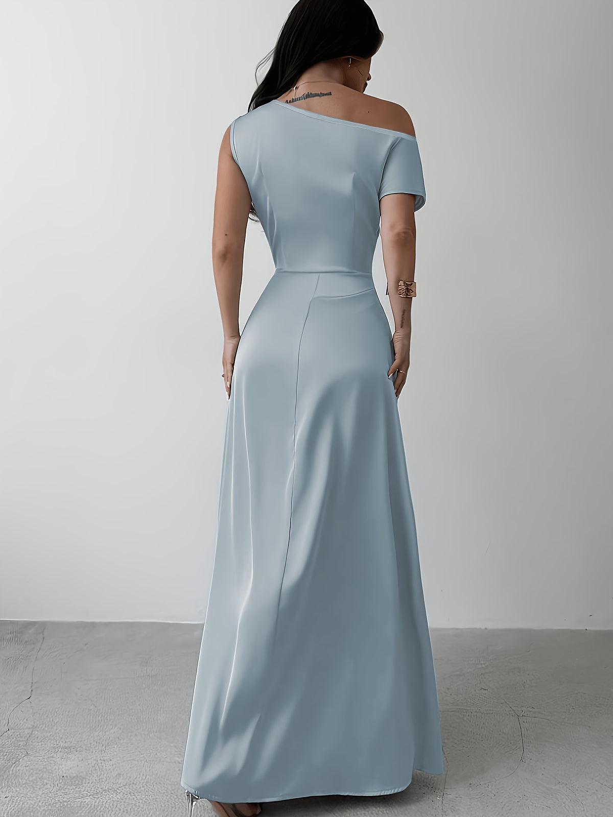 Women'S Elegant Asymmetrical Sleeve Pleated Mermaid Skirt Dress, Suitable for Dates, Vacations, Weddings, Events, Back To, Graduation Ceremonies, Formal Bridesmaid Gowns - Light Blue