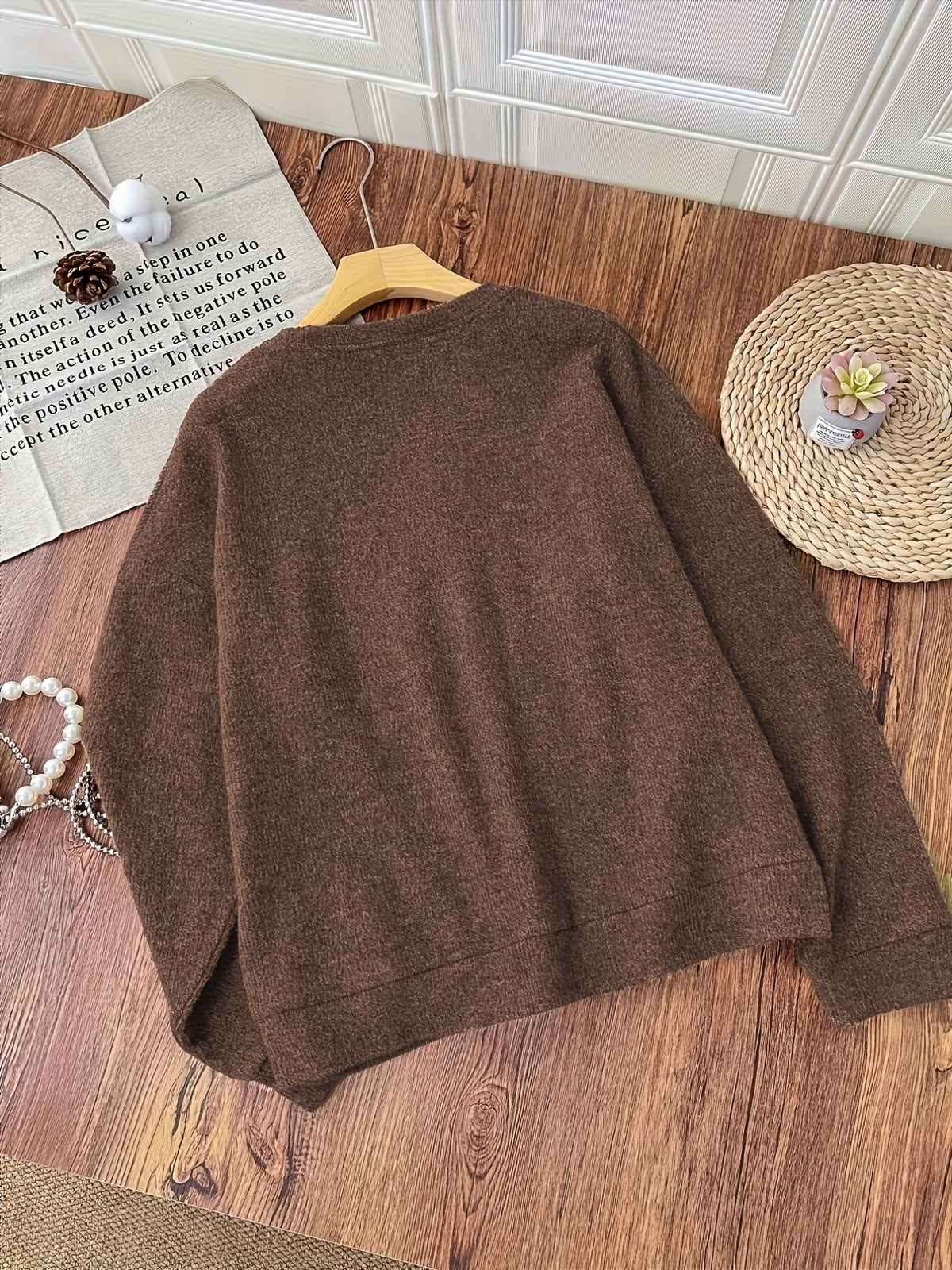 Women'S Fashion Casual Long Sleeve Top, Cartoon Bear Print Loose Versatile Round Neck Pullover Sweater - Dark Brown