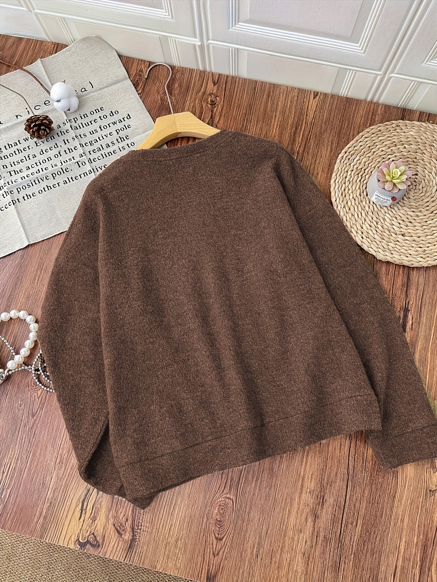Women'S Fashion Casual Long Sleeve Top, Cartoon Bear Print Loose Versatile Round Neck Pullover Sweater - Dark Brown