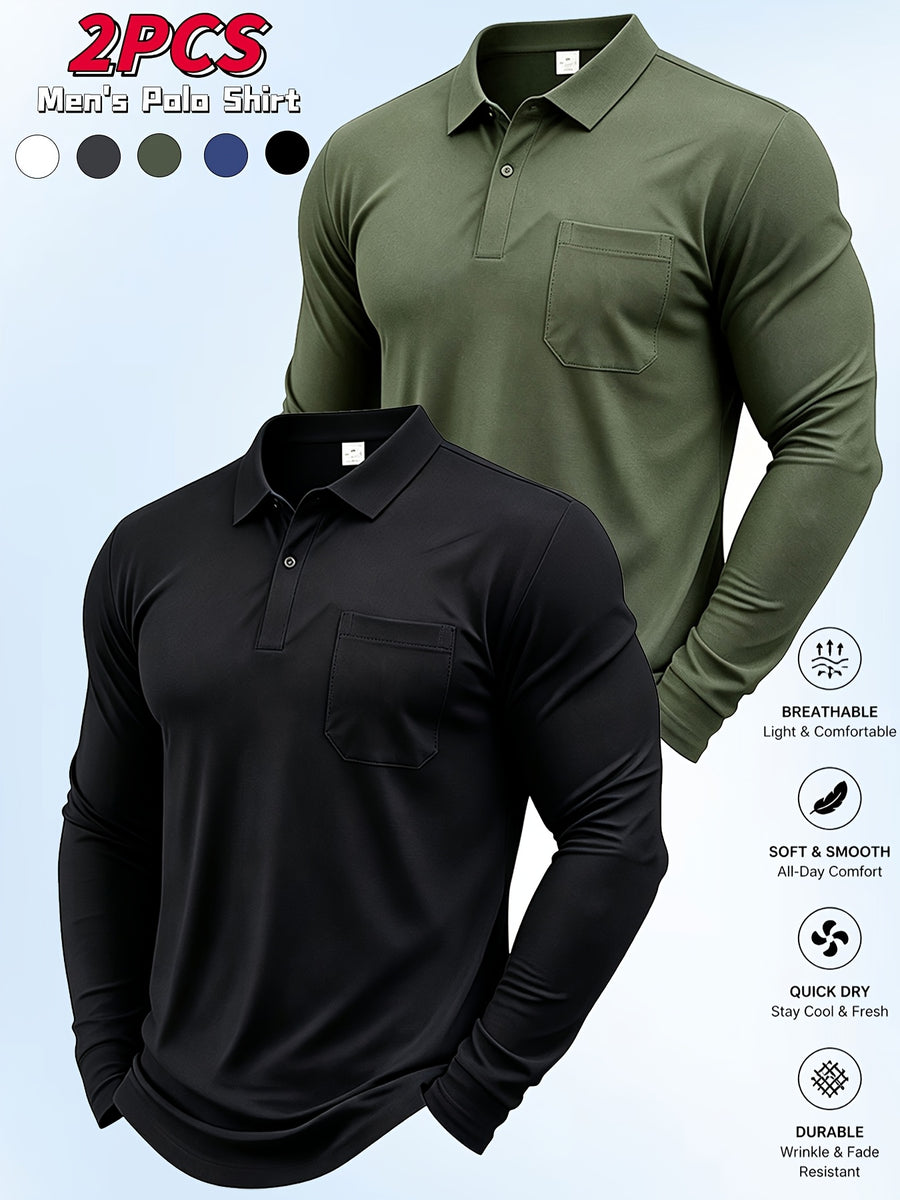 2pcs Men'S Long Sleeve Polo Shirt with Chest Pocket Design, Soft, Smooth, Wrinkle-Resistant And Casual Button Neck T-Shirt, Suitable for Spring And Autumn Wear, Lightweight Daily Commuting, Outdoor Sports, Business Basic Clothing - Black+Green