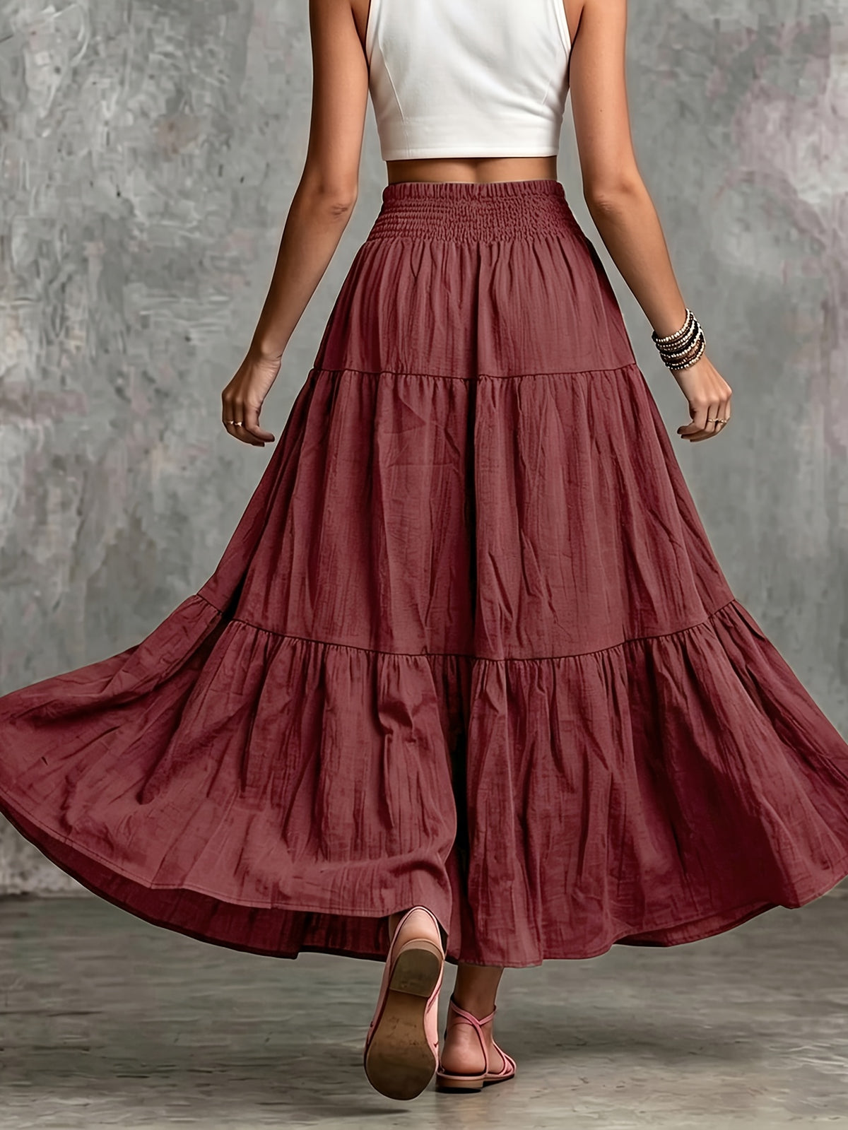 Women's Autumn Casual and Elegant Elastic Waistband Drawstring Skirt, Soft and Comfortable with a Pleated Texture, Made of -Linen Fabric - Red