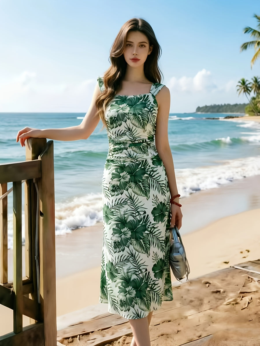 ASD1 2026 New Suspender Dress Women'S Summer Pleated Waist Temperament Mid-Length Dress, Mesh Dress, Gentle Style Fairy Dress. Retro Print Dress, Diverse Color Design, Gentle Vacation Style Long Skirt, French Romantic Style, Drape Mesh, Beach - White Green Leaf Pattern