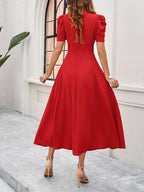 Solid V-Neck Elegant Dress - Red