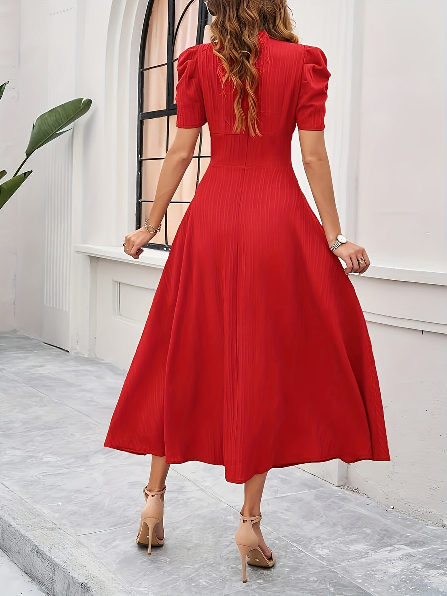 Solid V-Neck Elegant Dress - Red