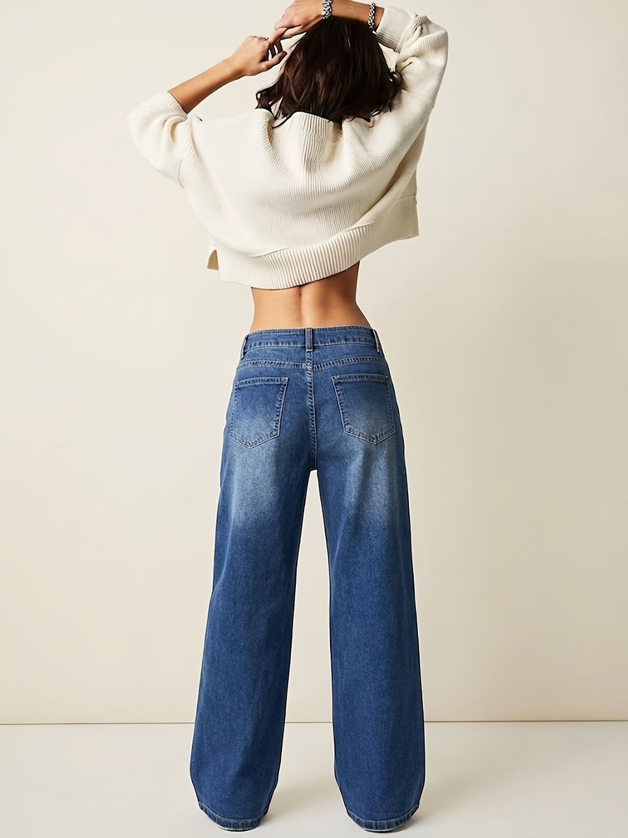 Women'S Fashion Comfortable Loose Wide-Leg Straight Jeans, Washed Blue Casual Trousers, Classic Versatile Comfortable Fit, Breathable Non-Stuffy Fabric, Suitable for All Seasons, Ideal for Vacation, Leisure, Office, Travel, Home - Royal Blue