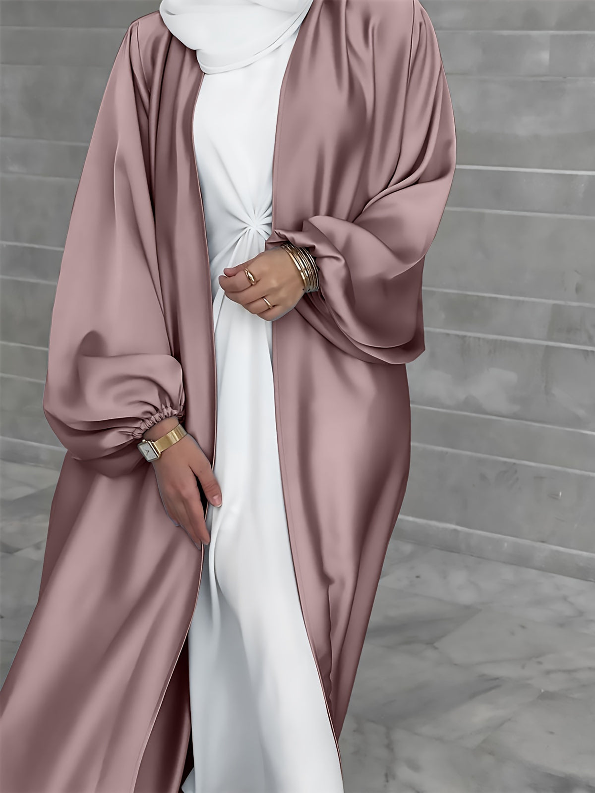 Cross-Border Muslim Women's Satin Bubble Sleeve Robe, Elegant Dubai Middle East Cardigan - Camel