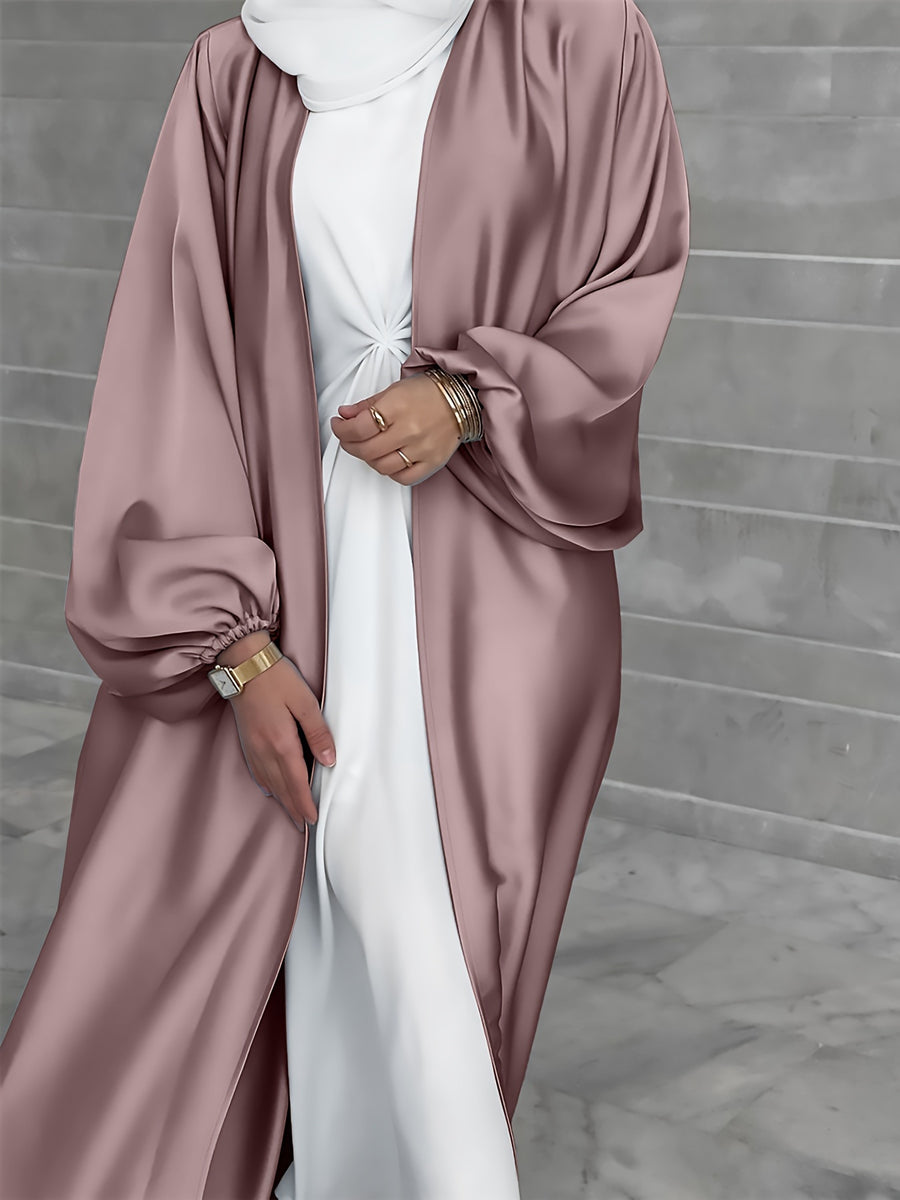 Cross-Border Muslim Women's Satin Bubble Sleeve Robe, Elegant Dubai Middle East Cardigan - Camel
