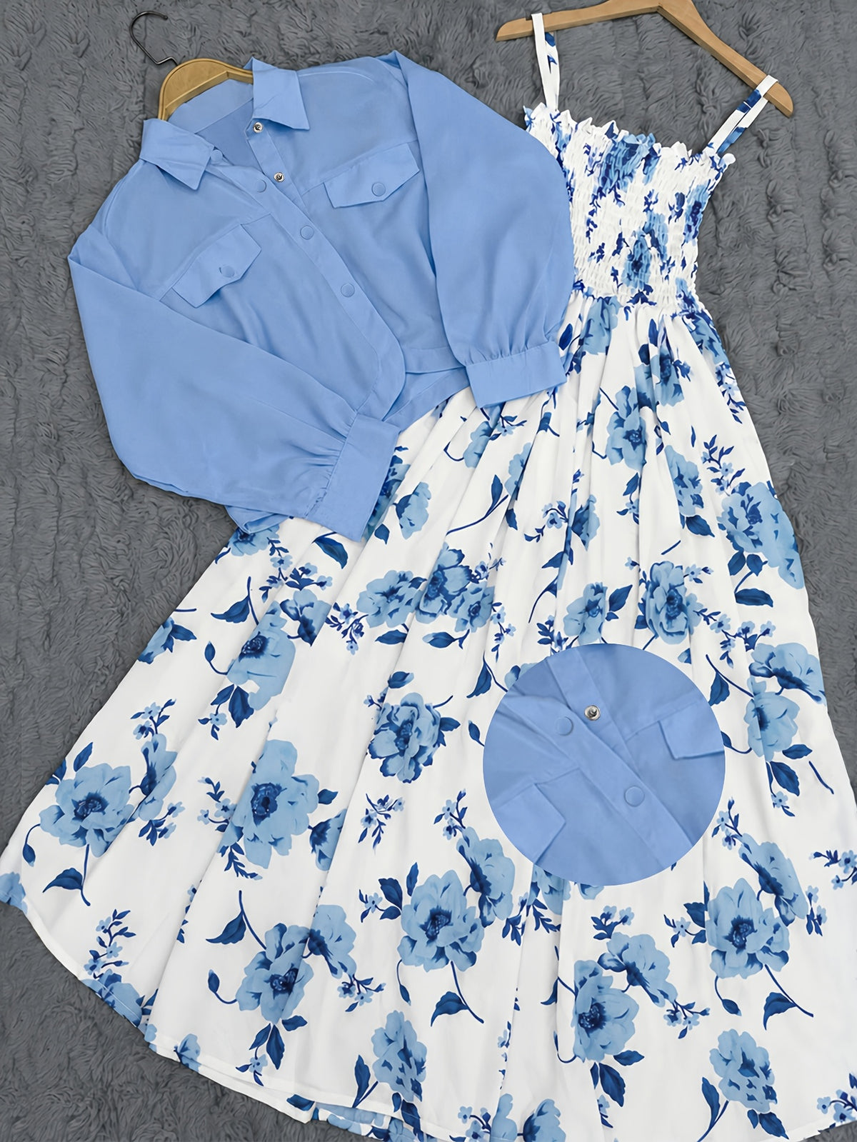 Women's 2pcs Floral Print Dress Set: Light Blue Short Lapel Button-Front Jacket + White and Blue Printed Wrap-Front Bust-Defining Spaghetti Strap Maxi Dress - Sky Blue