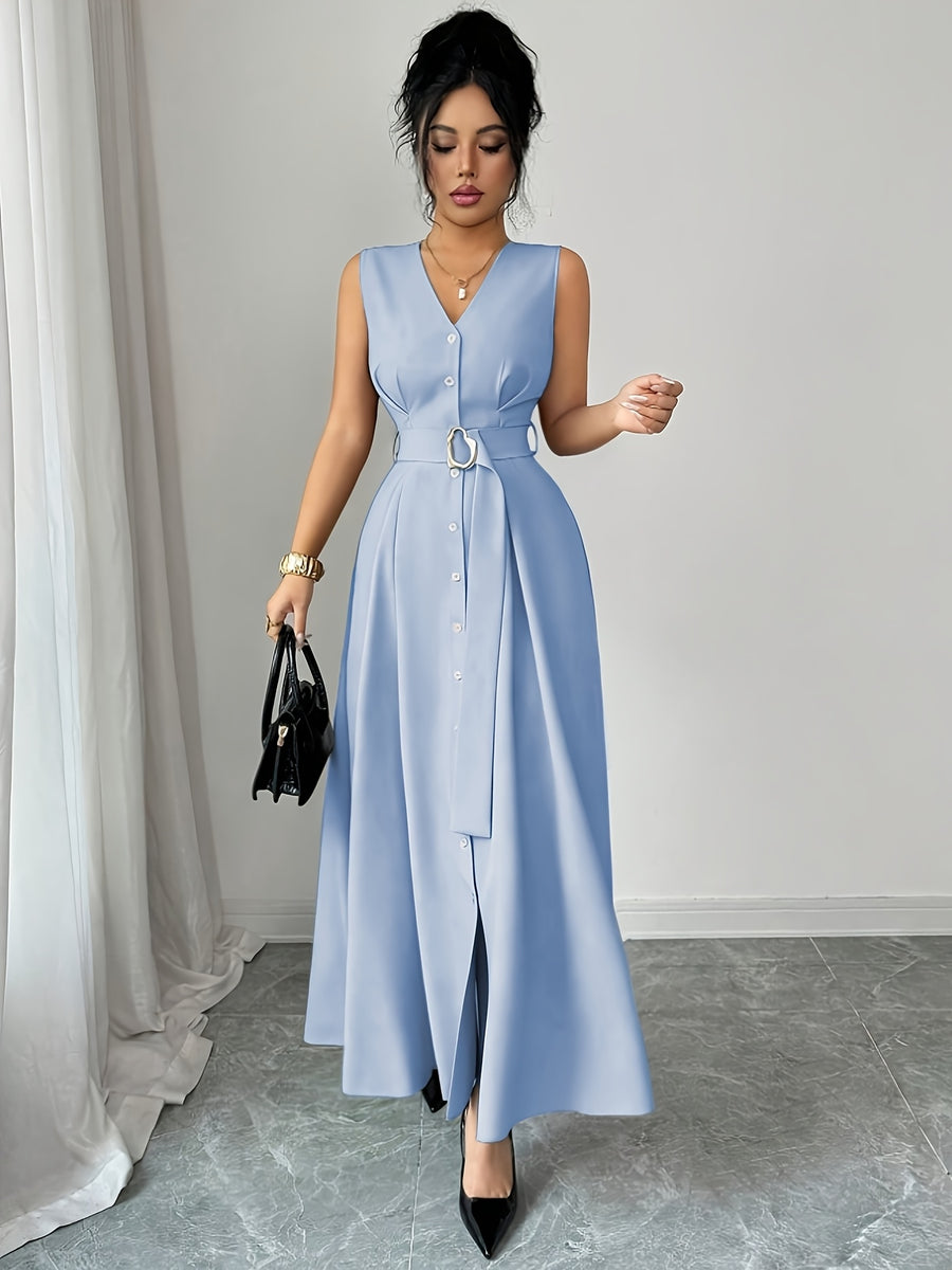 New Women's Sleeveless V-Neck Cardigan with Metal Rings, Elegant Slim-Fit Long Bridesmaid Dress, Versatile for Commuting, Parties, and Music Festivals - Blue