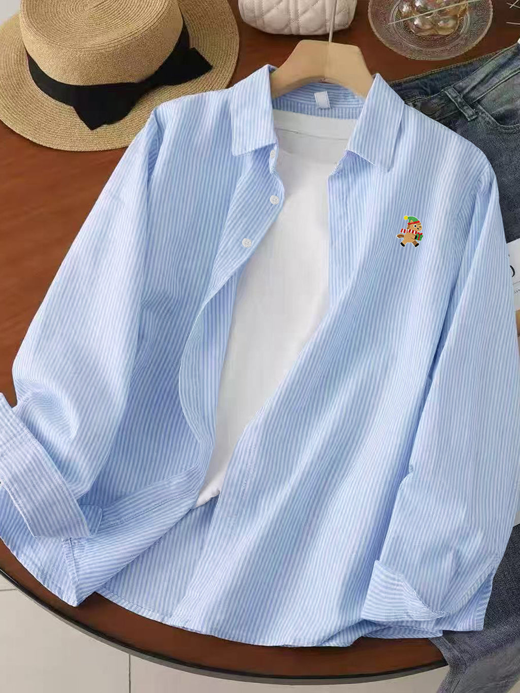 Hong Kong Style Casual Lazy Vertical Striped Cartoon Fun Gift Little Pony Pattern Long Sleeve Shirt Thin Versatile Blouse Men'S Fine Striped Shirt - Sky Blue