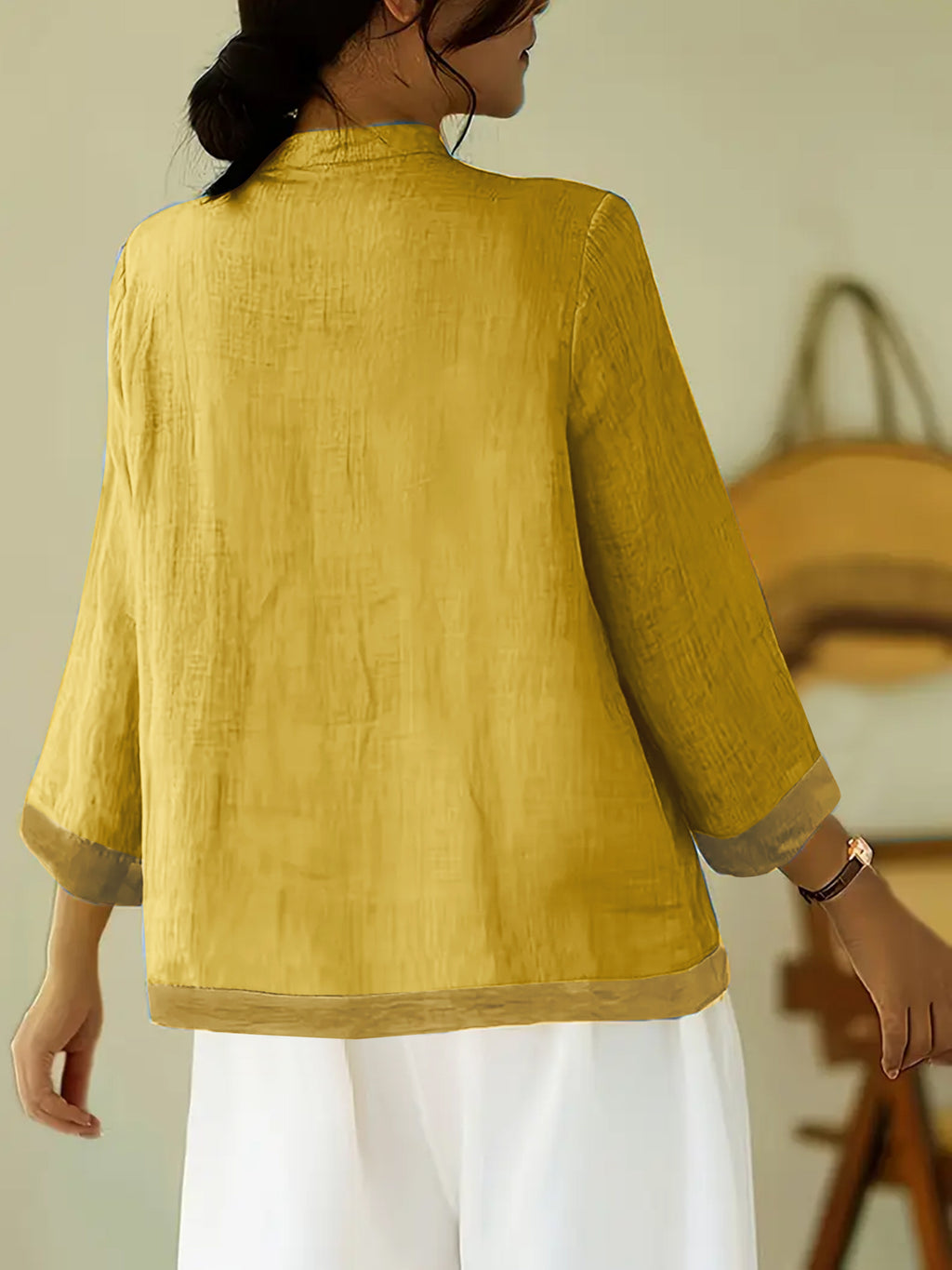 Fashionable Vintage-Style Chinese Shirt with a Stand Collar, Featuring Button Closures And Mesh Panels, Designed for a Loose And Comfortable Fit for Women - Yellow