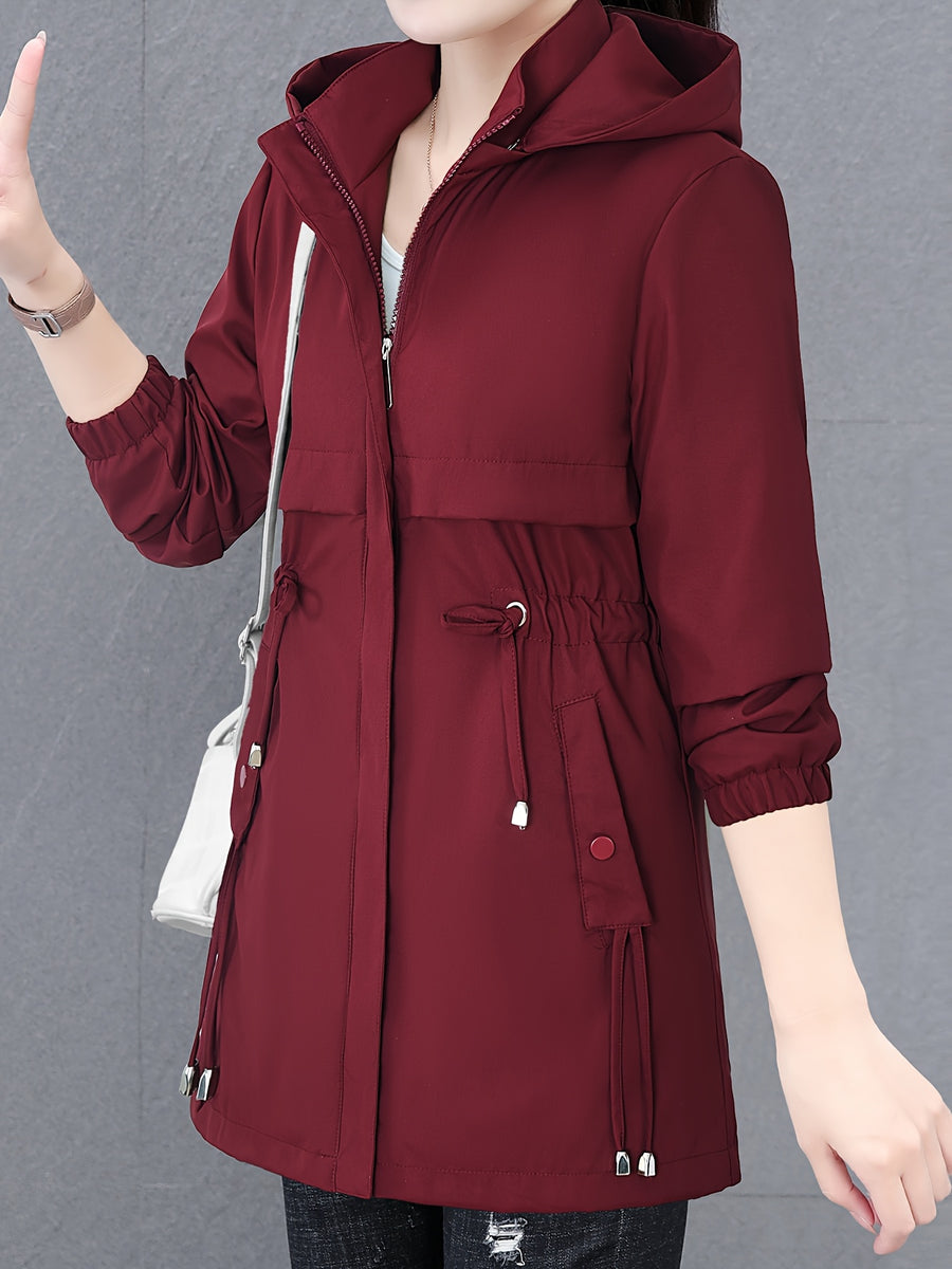 Newest Women'S Top Jacket Coat, Mid-Length Jacket, with Hood, Soft And Comfortable Fabric, 100 Fiber Material, Versatile Casual Style, Suitable for Spring, Autumn And Winter, with Drawstring Waist - Burgundy
