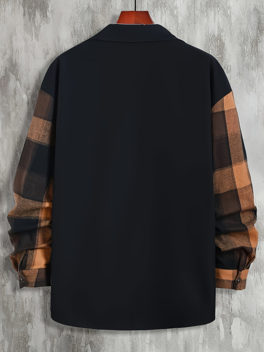 Men'S Casual Plaid Pocket Long-Sleeved Shirt Autumn And Winter Versatile Classic Business Top Stitching Shirt - Coffee Color