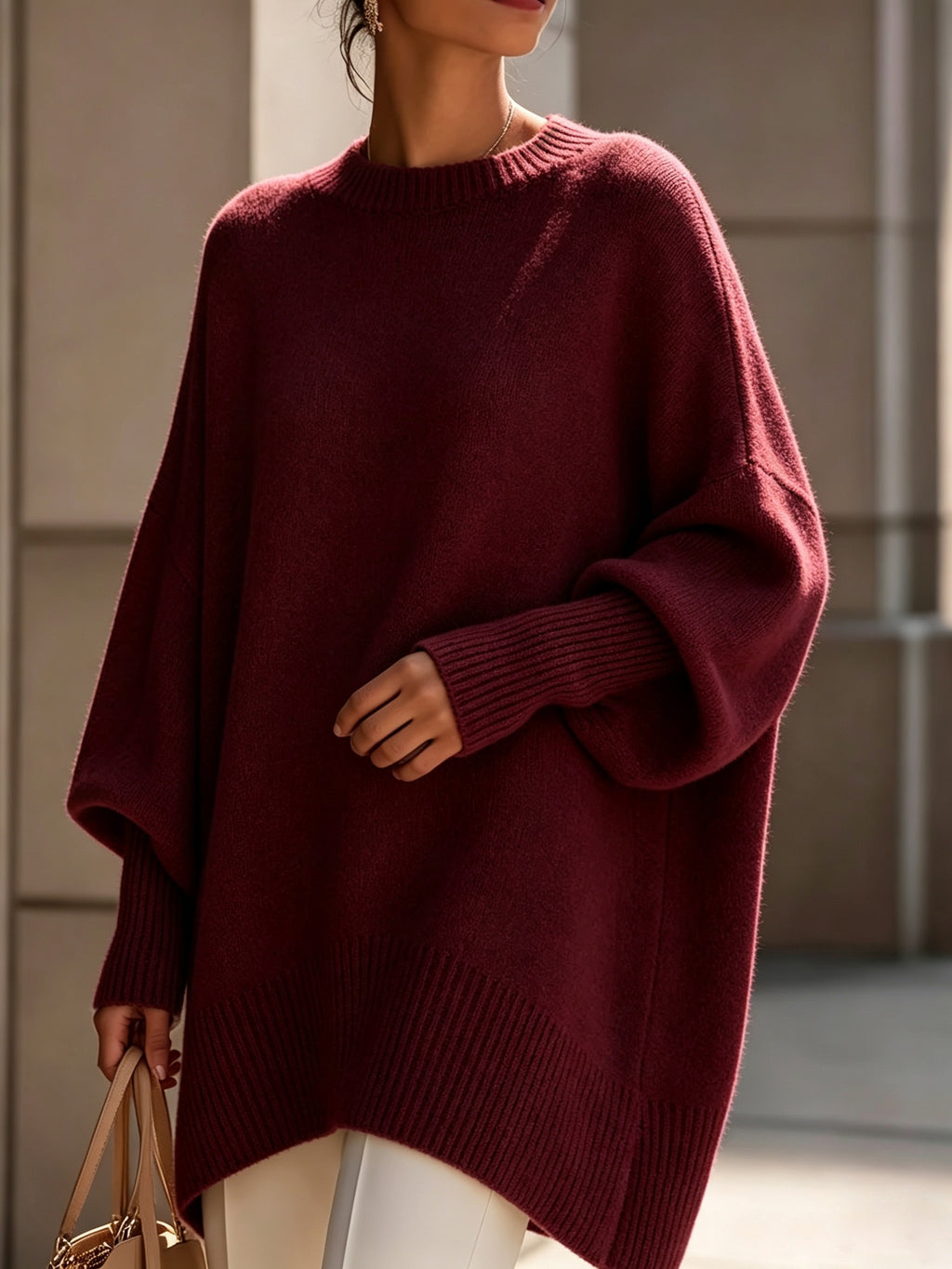 New Autumn/Winter Loose-Fit Crewneck Sweater for Women, Soft, Skin-Friendly, and Flowy for a Effect, Simple and Versatile for Daily Commuting - Burgundy