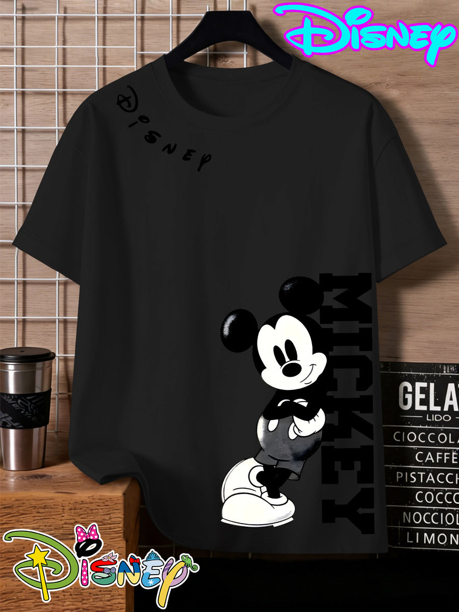 Disney Mickey Black And White Vertical Letter Print Round Neck Short Sleeve T-Shirt, a Minimalist And Trendy Top - Black