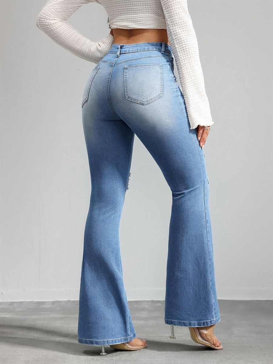 Women's Vintage Blue Washed Flared Jeans, High Stretch Slim Fit with Distressed Design and Pockets, All-Season Solid Color Flare Pants - Sky Blue