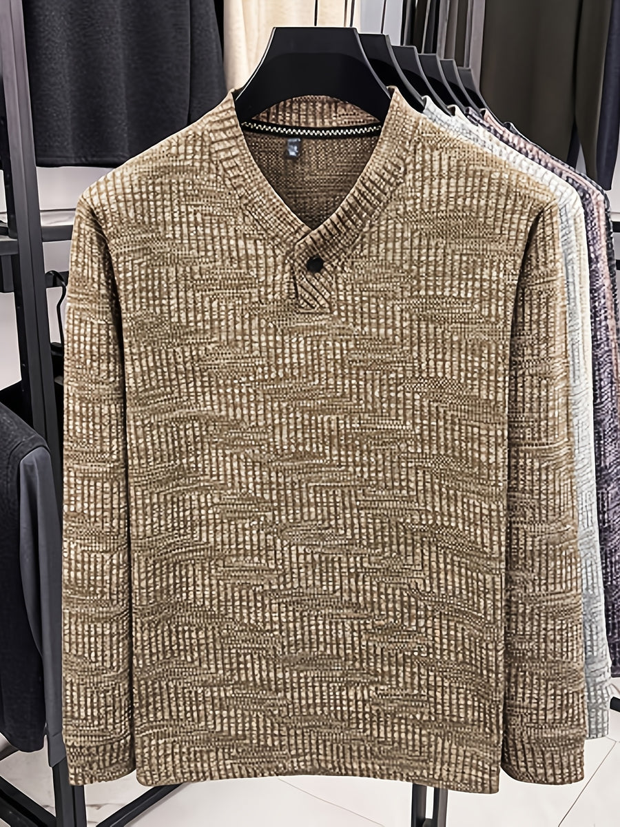 Men's Henley Collar Single-Button Long-Sleeve T-Shirt, Textured Jacquard Knit Top, Spring/Autumn Business Casual Daily Commute Base Layer Shirt - Camel
