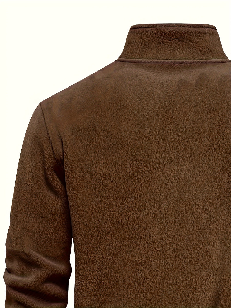 Autumn Winter Men'S Fleece Thickened Henley Stand-Up Collar Sweatshirt 1/4 Zip Warm Top Double-Faced Fleece Jacket, New Season - Coffee Color