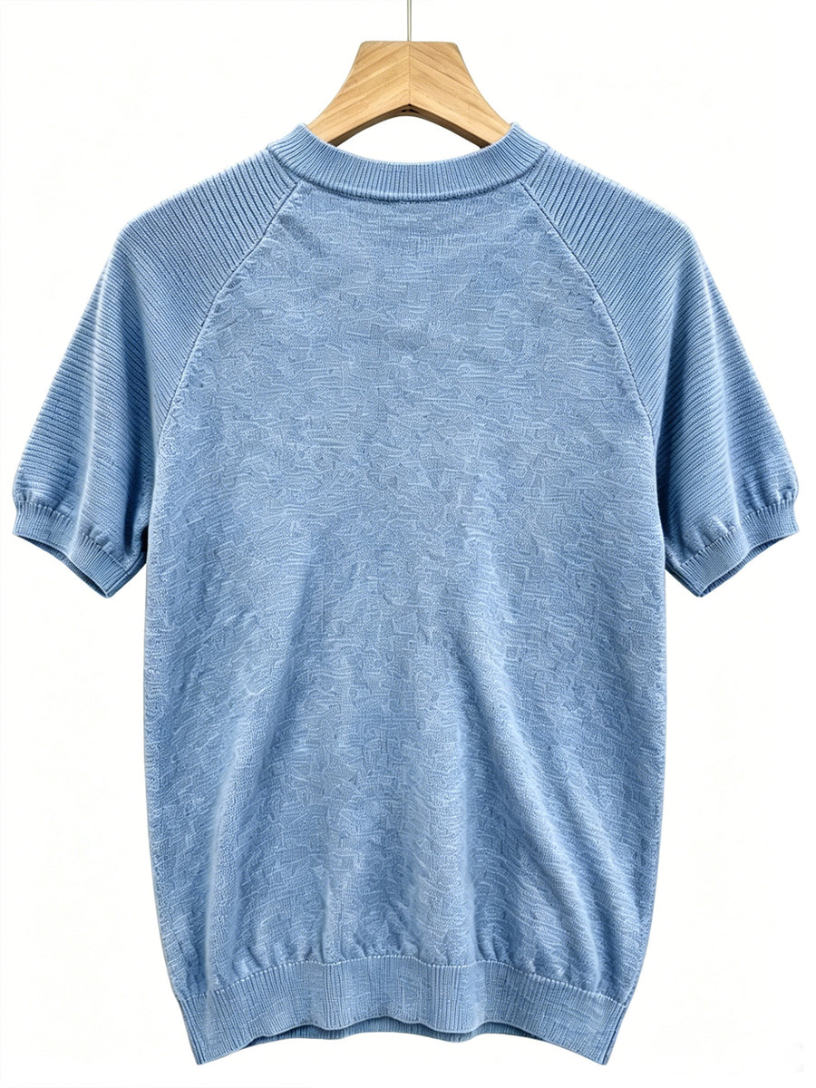 Men's Raglan Crew Neck Short Sleeve Knitwear with Street Graffiti Letter Print, Thin, Breathable, Casual Half-Sleeve - Sky Blue