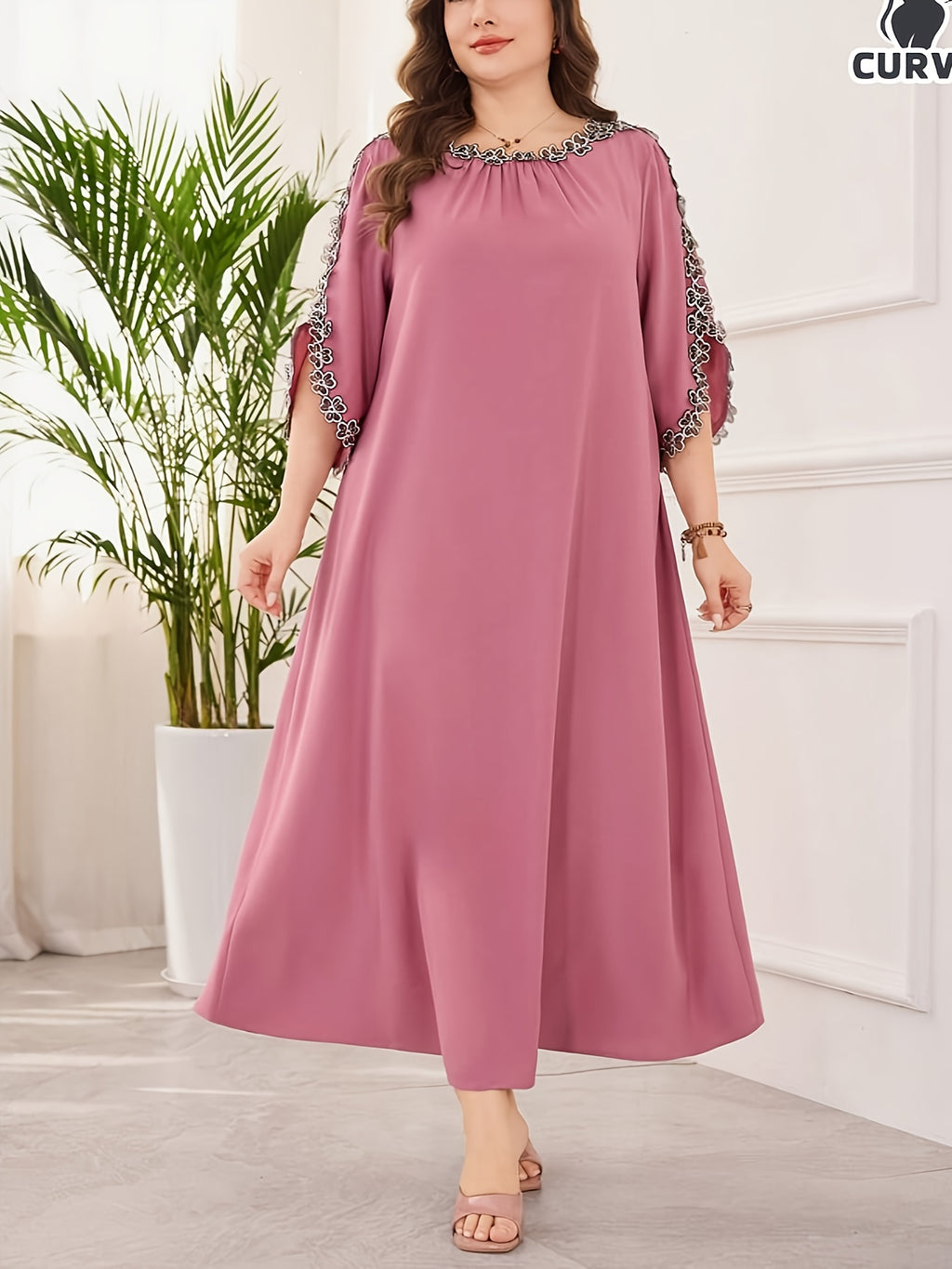 Elegant Long Dress with Round Neck, Embroidered Floral Decorations, And Three-Quarter Sleeves - Watermelon Red