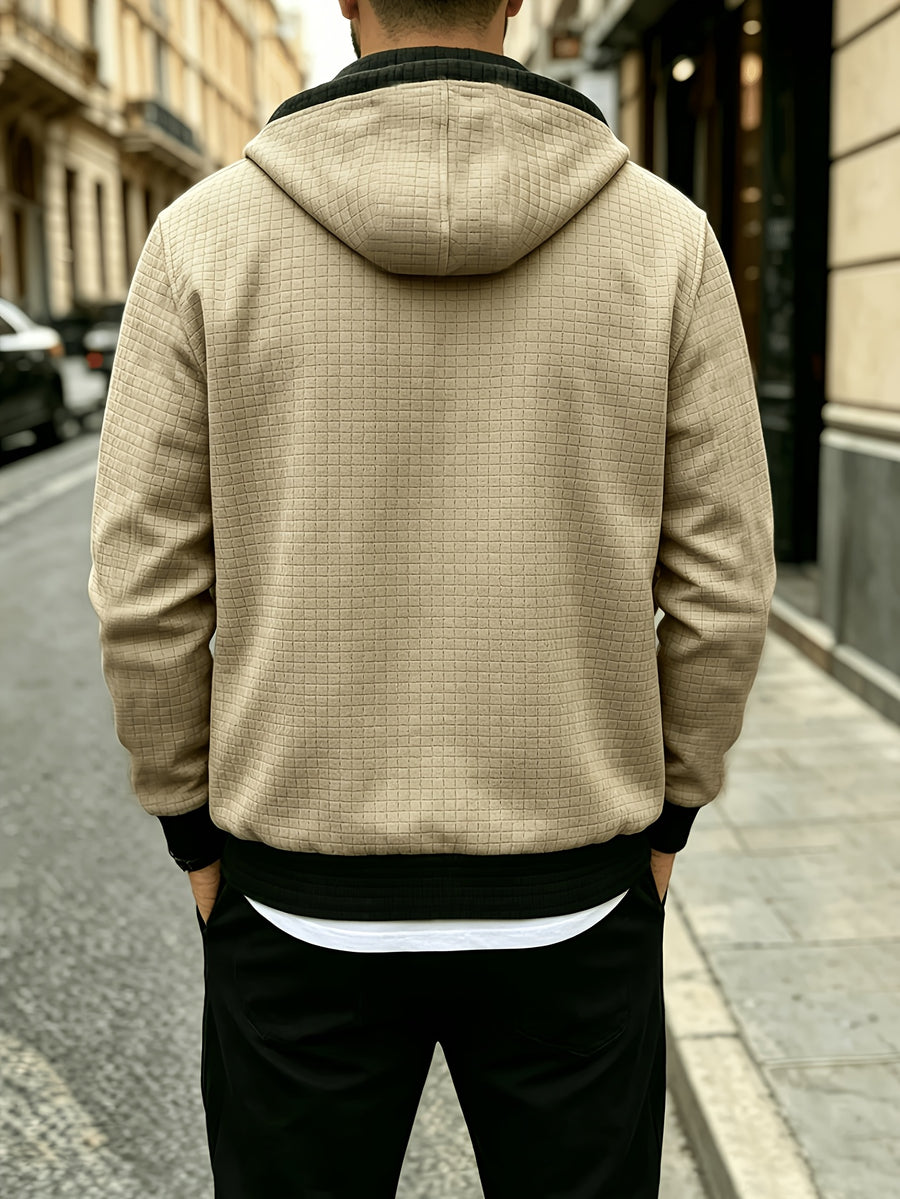 Men'S Fashion Hooded Color-Block Waffle Jacket, Zipper with Drawstring Coat, Suitable for Daily Commute, Outdoor Casual Sports Jacket - Khaki 1