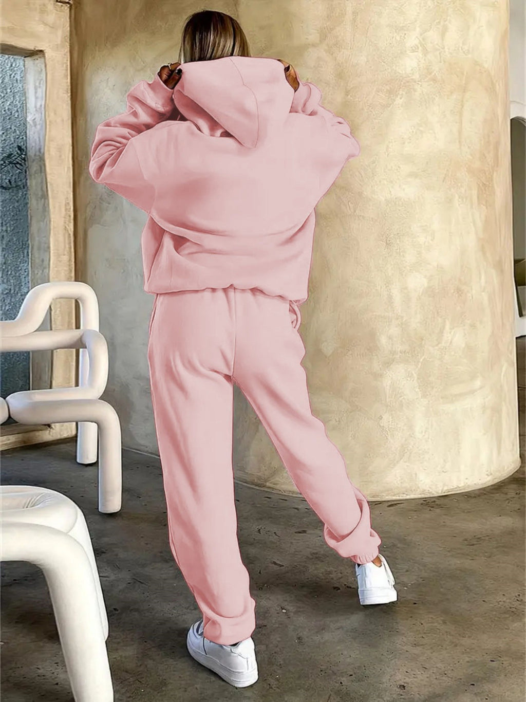 New York Print Women's Hooded Sweatshirt and Pants Set, Long Sleeve Casual Hoodie Set, Y and Casual Sweatshirt, Loose Fit, Machine Washable, All-Season Comfort, Daily Wear Apparel - Pink Color