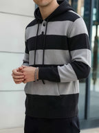 Men's Striped Hooded Knitwear Spring/Autumn Henley Collar Button Drawstring Pullover Sweater Casual Long Sleeve Color Block Top - Light Gray And Black