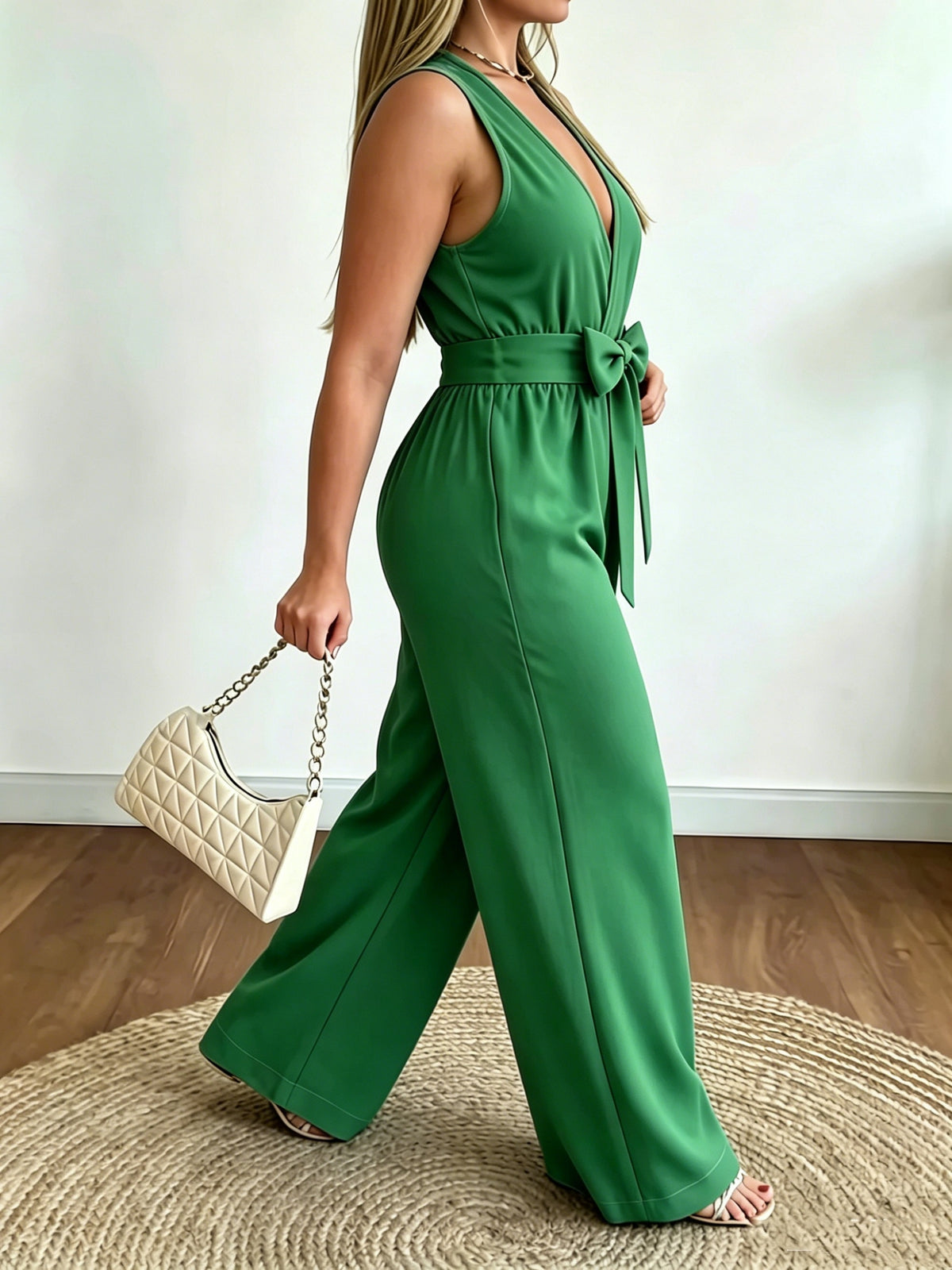 Targeted Development \ Women'S Western Style V-Neck Sleeveless Waist Bow Design Casual Fashion Versatile Jumpsuit - Suitable for Office, Home, Vacation - Green