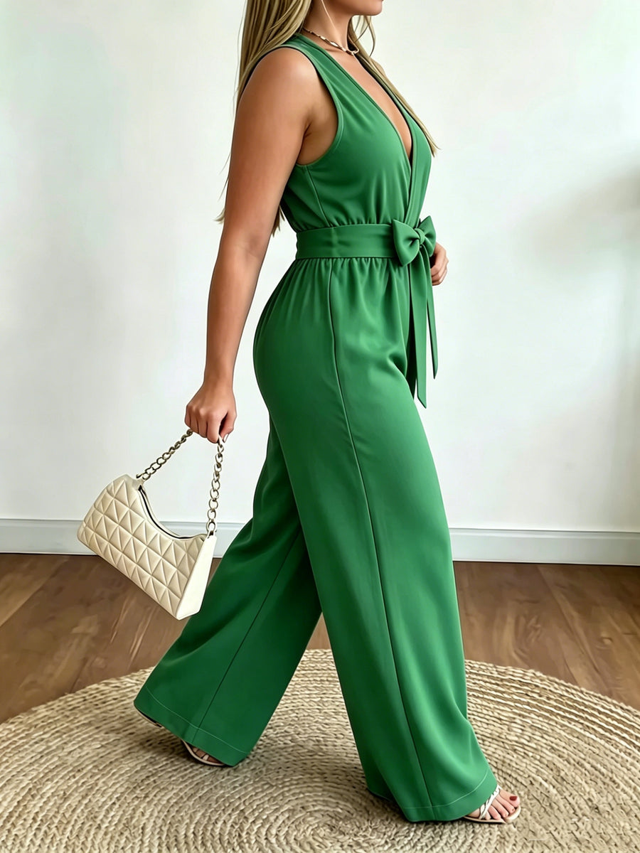 Targeted Development \ Women'S Western Style V-Neck Sleeveless Waist Bow Design Casual Fashion Versatile Jumpsuit - Suitable for Office, Home, Vacation - Green