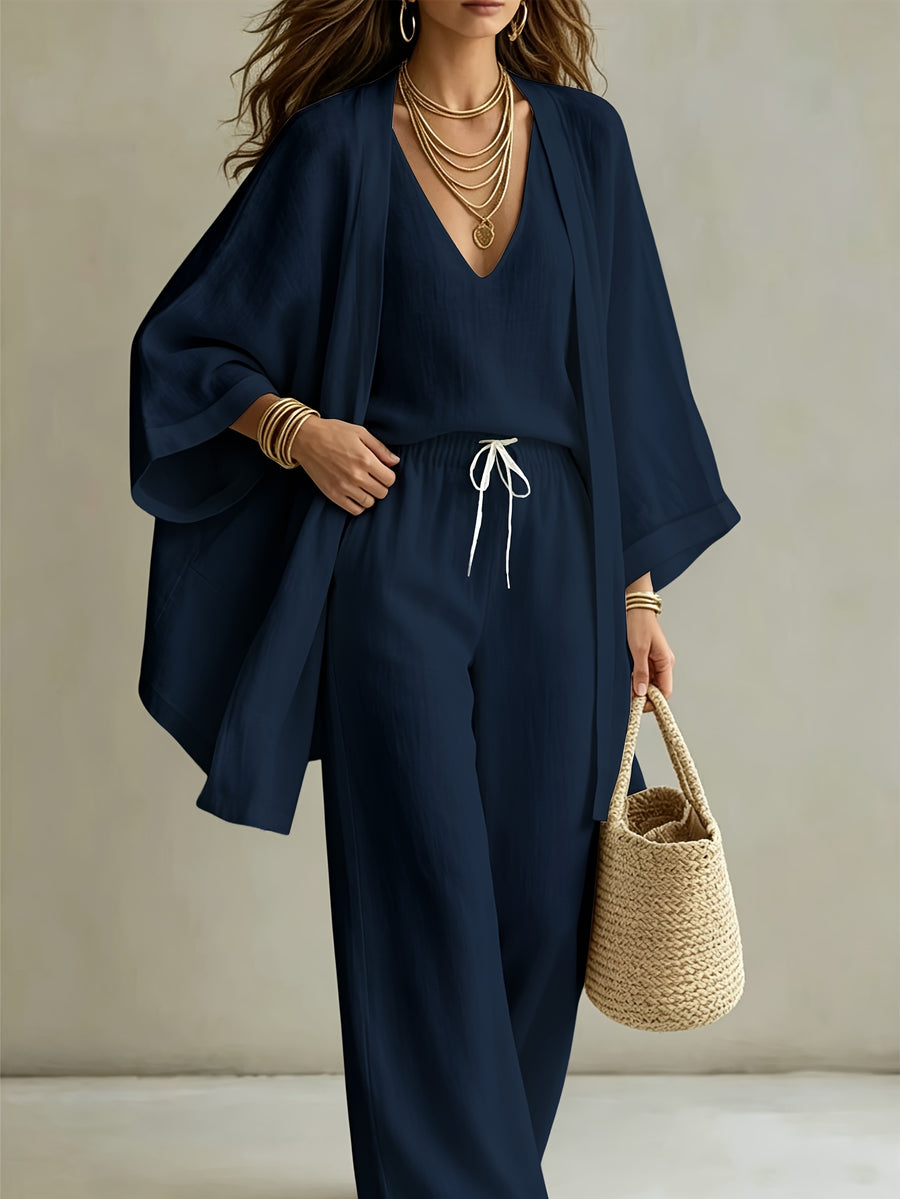 3pcs Set, Women's Spring/summer Vacation-style Loose Spaghetti Strap Tank Top with Cardigan and Loose Wide-leg Pants Casual Set, Elegant and Fashionable, Comfortable and Casual, Suitable for Commuting Wear - Navy Blue
