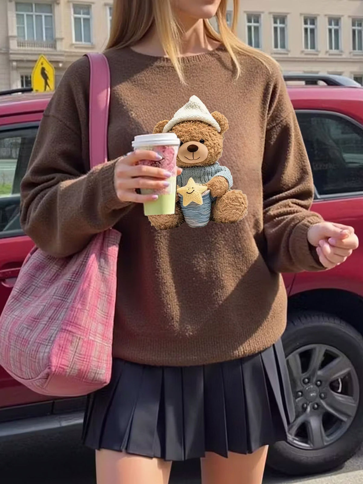 Autumn And Winter Animal Cartoon Pattern Printed Design Women'S Casual Warm Round Neck Sweater for The Fall And Winter Season - Dark Brown