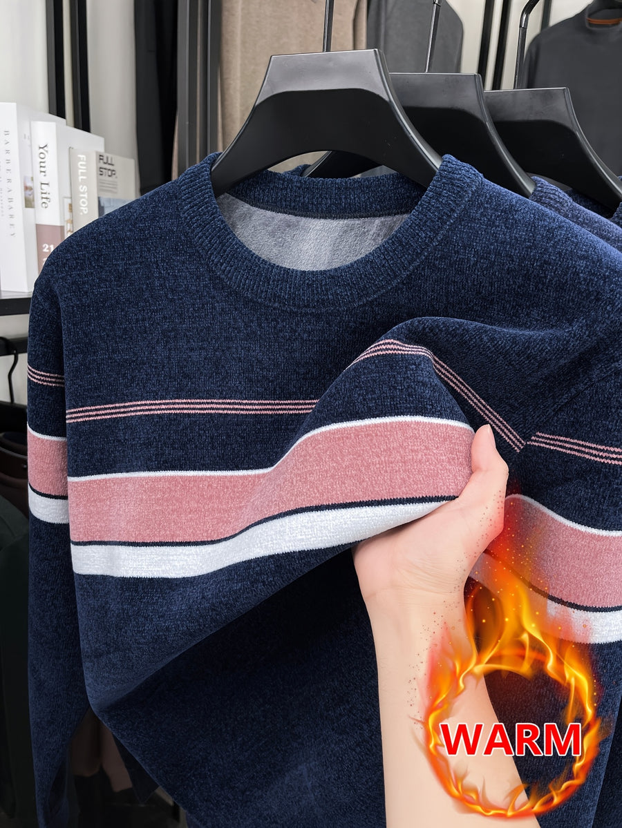 Minimalist Urban -Lined Crew Neck Knit Sweater for Warmth and City Casual Style - pink