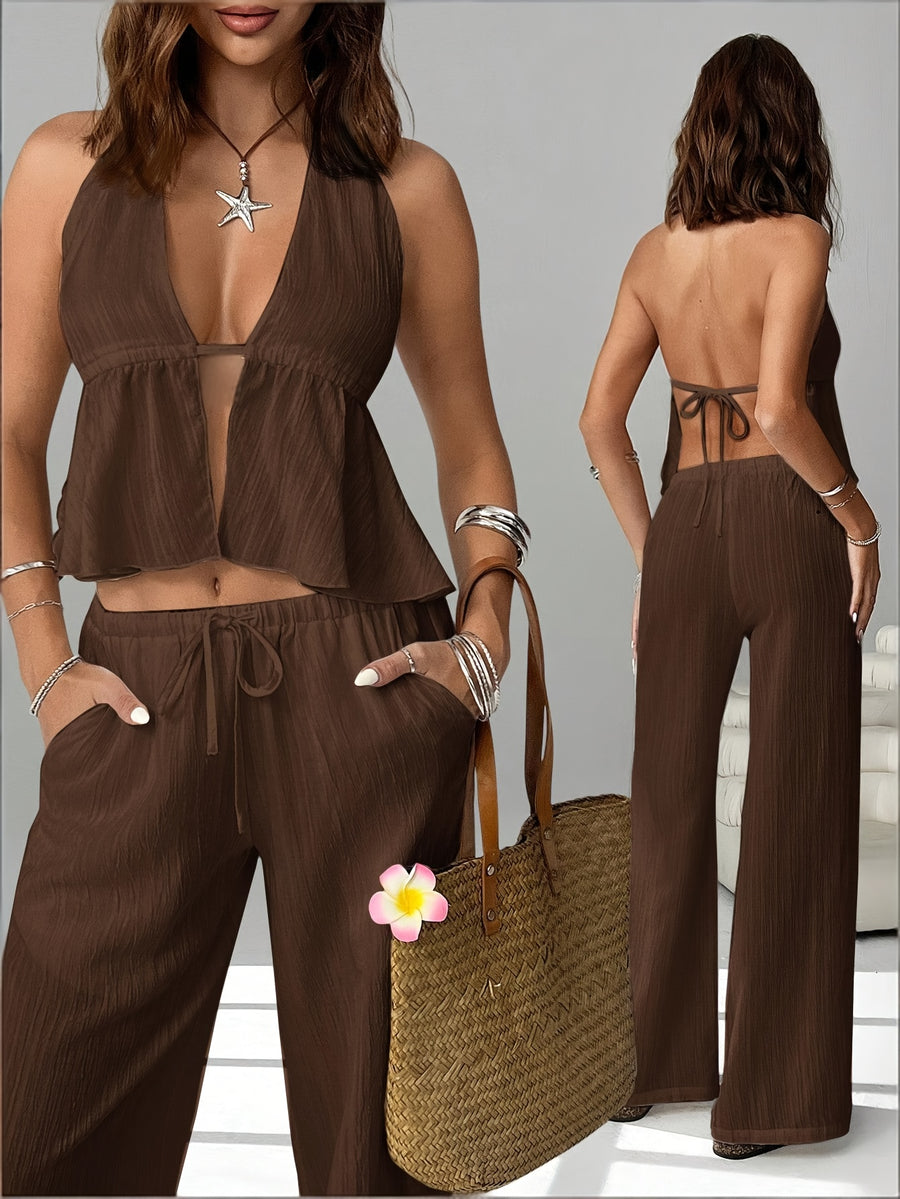 2pcs Set: Women's Fashionable Lace-up Backless Camisole with Wide-leg Drawstring Pants. Suitable for Various Occasions Such as Vacations, Beach Outings, Rave Parties, and Hawaiian Events - Brown