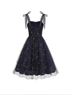 Women'S Princess Dress, Chic Summer Waist-Cinching Tube Top Hepburn Style Cami Dress, Vintage - Navy Color