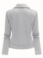 Women's New Solid Color Maze Grid Zipper Button Decorated Biker Jacket, a Stylish and Elegant Commuting, Outing, and Daily Wear Casual Jacket Top, Suitable for Autumn and Winter Seasons - Grey