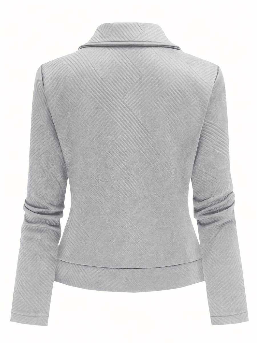 Women's New Solid Color Maze Grid Zipper Button Decorated Biker Jacket, a Stylish and Elegant Commuting, Outing, and Daily Wear Casual Jacket Top, Suitable for Autumn and Winter Seasons - Grey