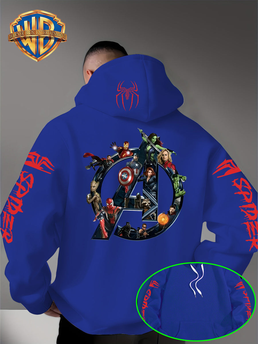 Men'S Trendy Fall Hoodie, American Superhero Collection Print Hooded Sweatshirt, Unisex Loose Street Style Casual Top. Casual Daily Style with Drawstring Design, Long Sleeve Knit Sweater, Machine Washable, Perfect for Casual, Athletic - Blue