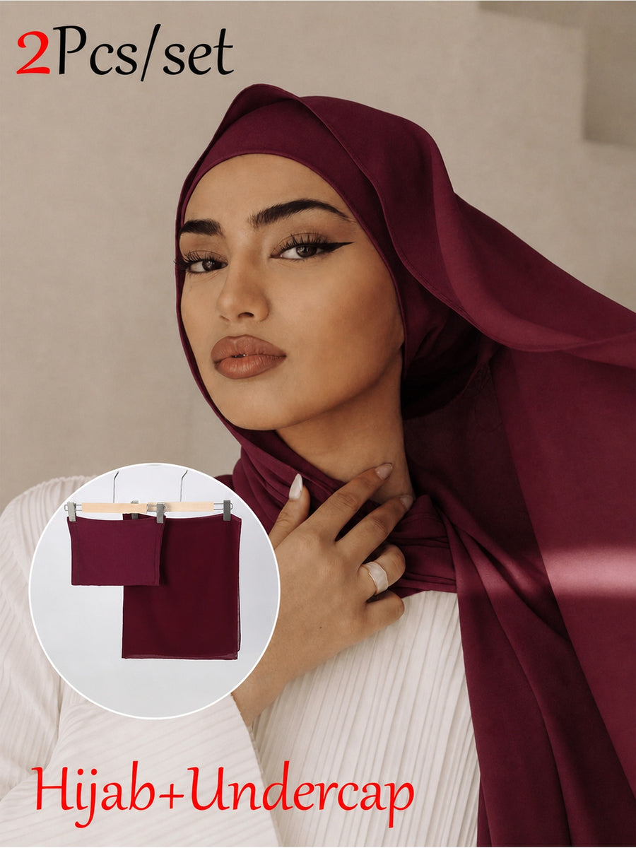 2pcs/Set Includes One Solid-Color Chiffon Headscarf And One Tube-Style Under-Cap. Made from High-Quality, Durable Chiffon, The Set Is Smooth, Comfortable, And Breathable. Suitable for Daily Wear, Commuting, And Eid Prayers; Perfect for All Seasons - Deep Red