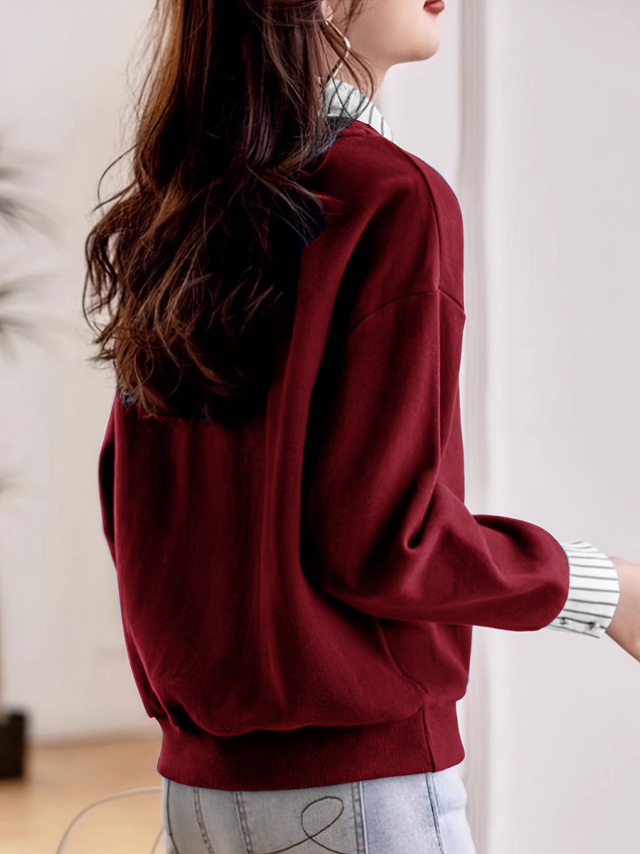 Women'S Fall Winter Casual Comfortable Fashion Long Sleeve Collared Striped Collar Polo Shirt - Burgundy