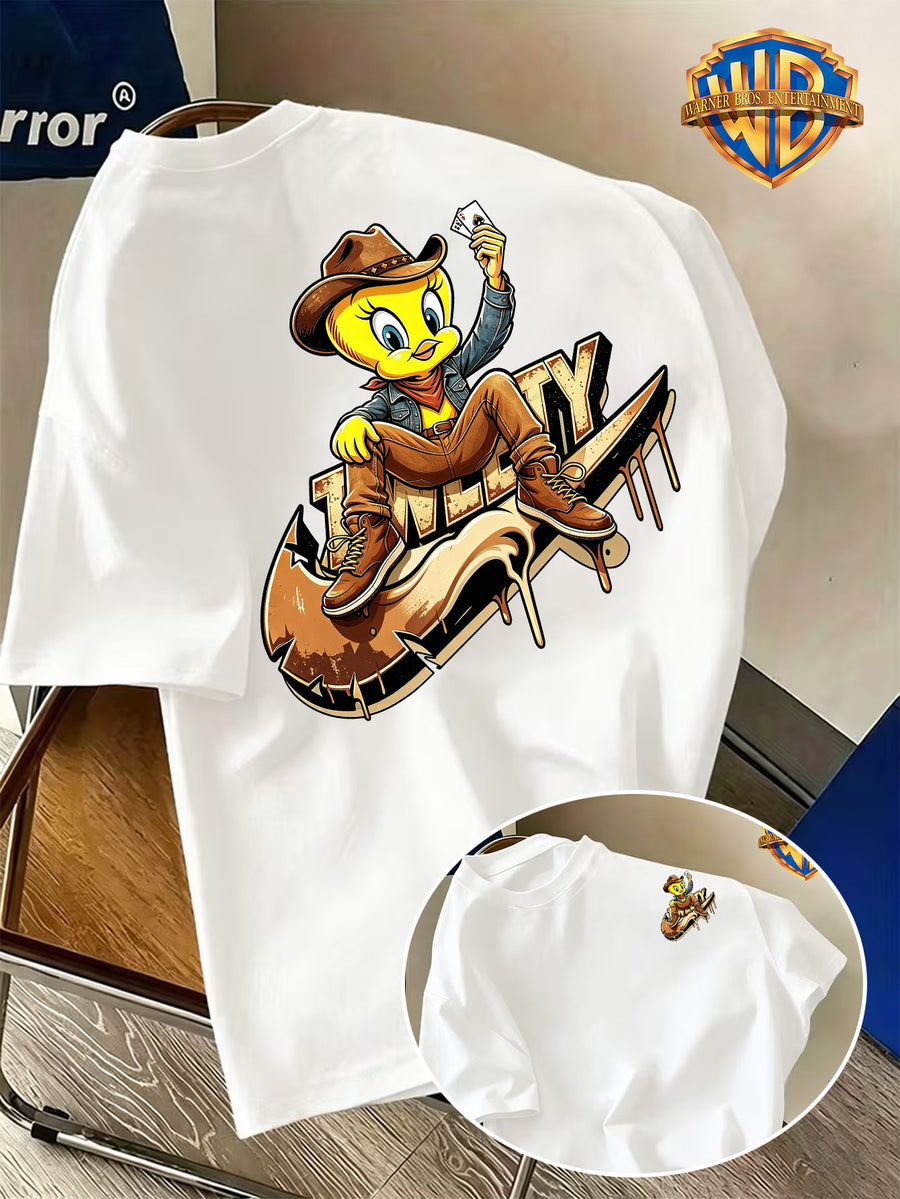 Warner Bros. Official Men's Short-Sleeve T-Shirt with Front and Back Print. Features a Creative  Core Western Cowboy Style Design with  Bird Holding Playing Cards. The Vibrant Print Creates a Strong Atmosphere, Making the Shirt Eye-catching - White