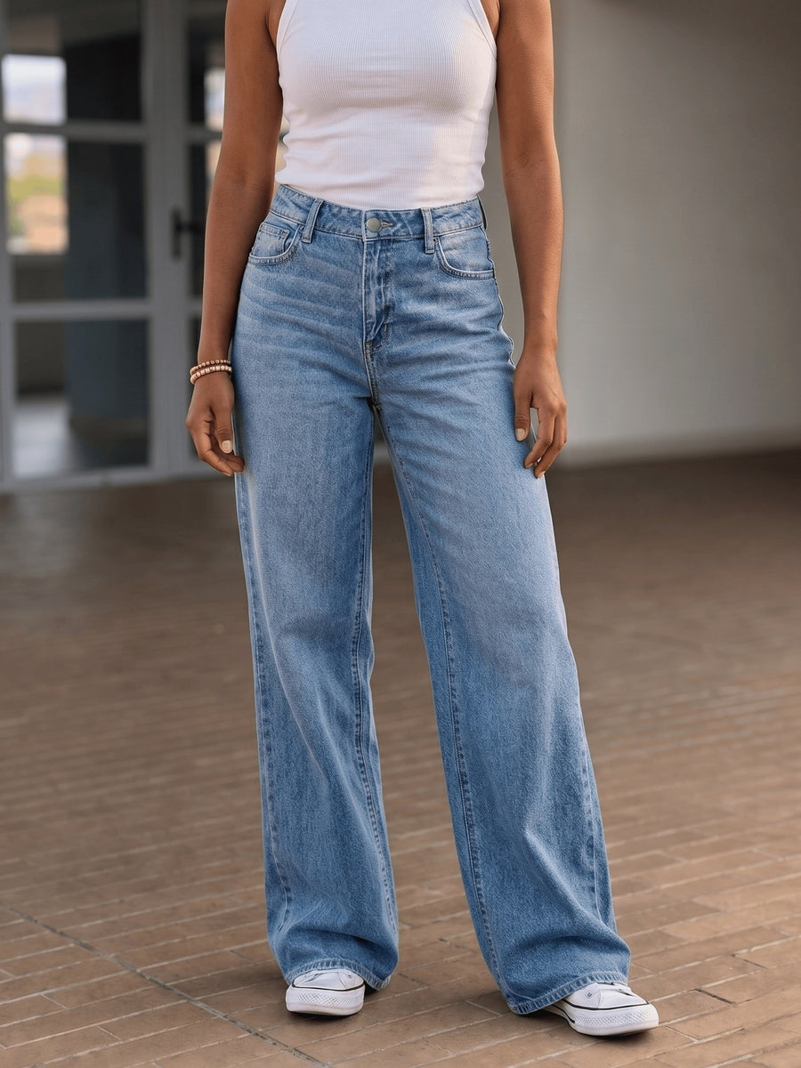 2026SS Dreamy Draped Non-Stretch Ice Blue Loose Wide-Leg Straight-Leg Jeans High-Waist Casual - Peacock Blue