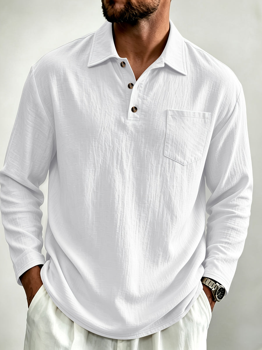 Men's Linen Long Sleeve Polo Shirt, Henley Button Placket Collared Top with Chest Pocket, Lightweight Breathable Casual Shirt for Daily Beach Vacation Wea - White