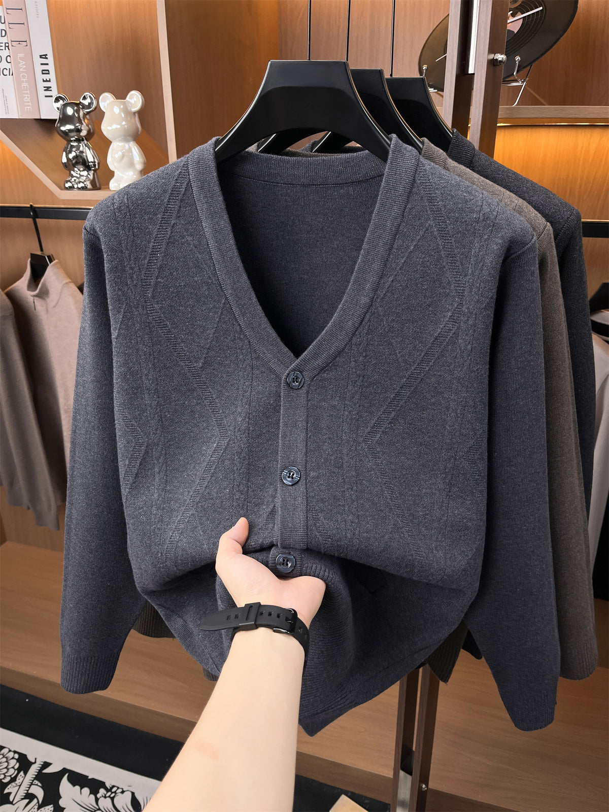 Autumn/Winter Knitted Solid Color V-Neck Sweater, Basic Knit Cardigan, Men's Fashion Long-Sleeve Knitwear, Set Y - Medium Gray