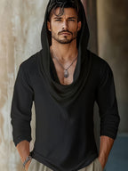 Hooded High-neck Long-sleeve Top with a Unique Draped Collar Design, Featuring a Sexy V-neck That Reveals Skin, Paired with a Loose, Laid-back Style. Made from High-elasticity, Skin-friendly Fabric, It's Perfect for Daily Outings and Essential - Black
