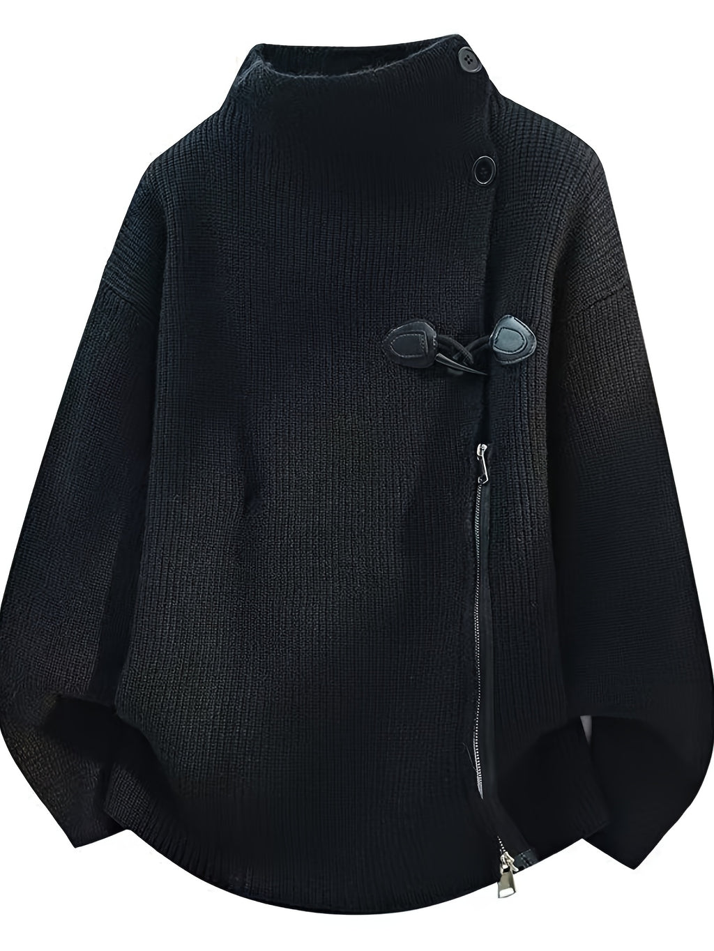 Halloween, Christmas, Thanksgiving, Pre-heat Single-pc Youth Men's Acrylic Knit Cardigan with Irregular Diagonal Zipper, Available in Red, Gray, and Black, Vintage Solid Color Stand-Up Collar Loose Fit Thickened Sweater Coat, Two Collar Style - Black