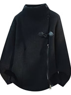 Halloween, Christmas, Thanksgiving, Pre-heat Single-pc Youth Men's Acrylic Knit Cardigan with Irregular Diagonal Zipper, Available in Red, Gray, and Black, Vintage Solid Color Stand-Up Collar Loose Fit Thickened Sweater Coat, Two Collar Style - Black